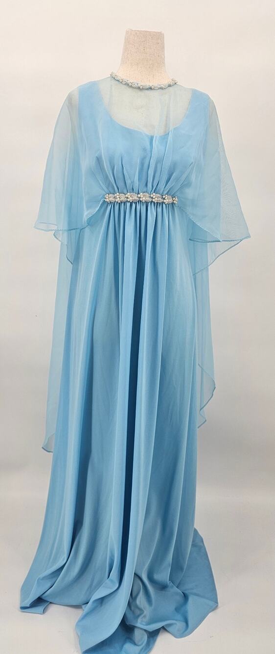 Vintage 60s/70s Women's Blue Sheer Caped Empire Waist Beaded Formal Gown